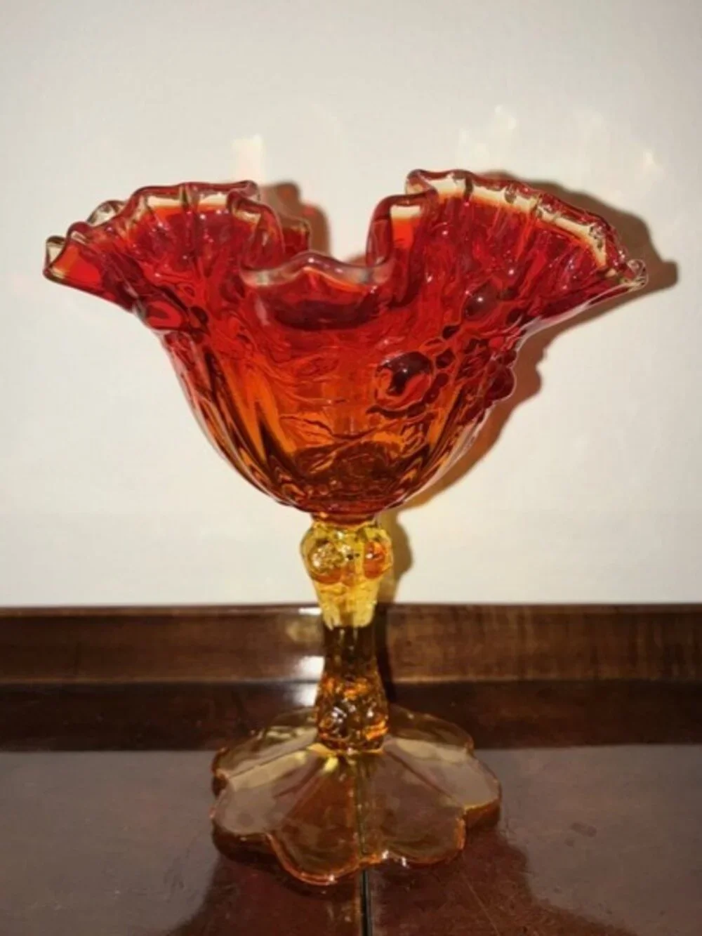 Fenton Glass Cabbage Rose Amberina Ruffled Edge Silver Crest Footed Compote